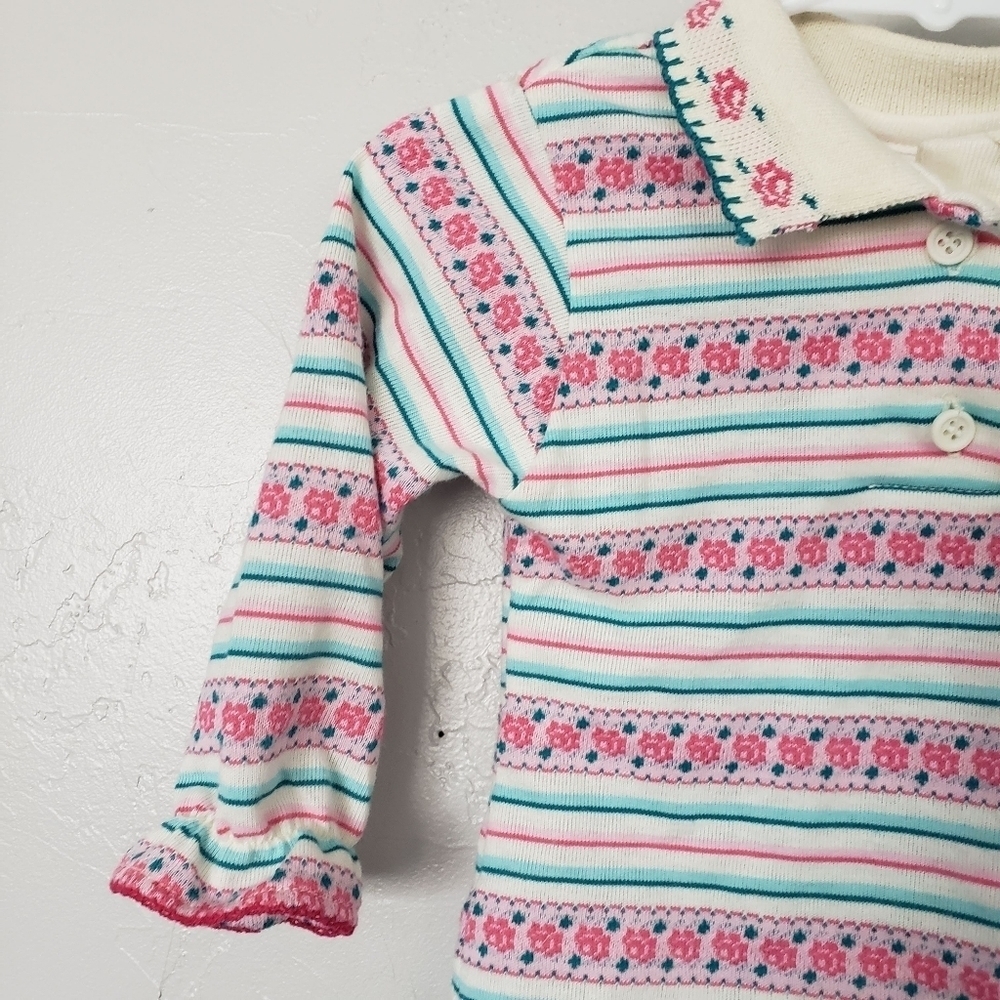 Wrangler Vintage Baby Girl 12 Months Long Sleeve Shirt Pink Blue Striped Floral - Picture 2 of 7